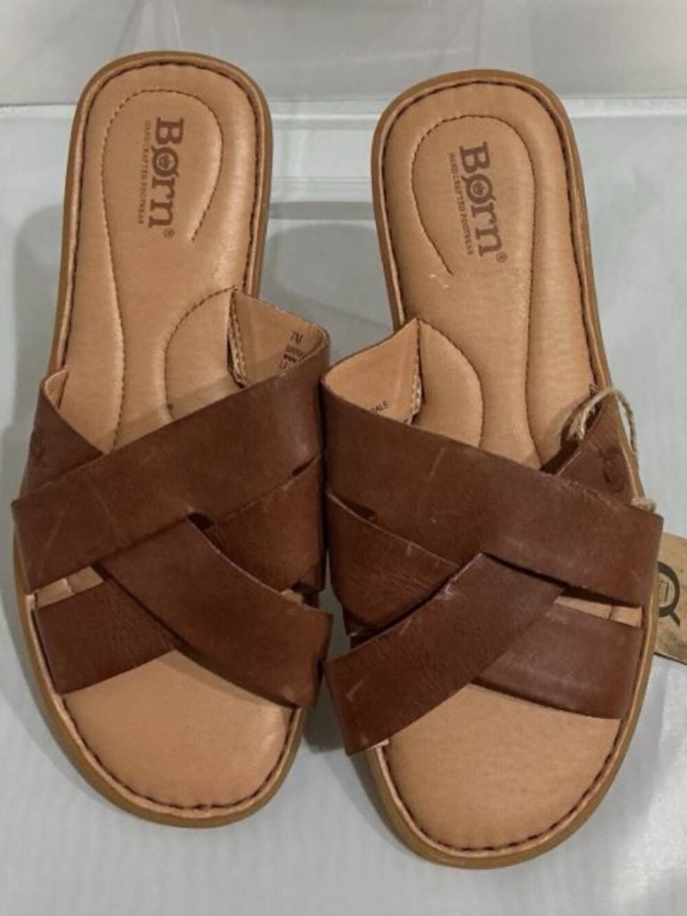 Born Women’s Leather Slide Sandals Brown Cross Strap Size 7M